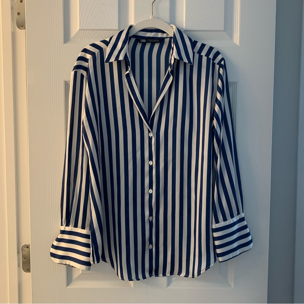Zara Button-Down Oversized Blouse - Blue/White Stripes